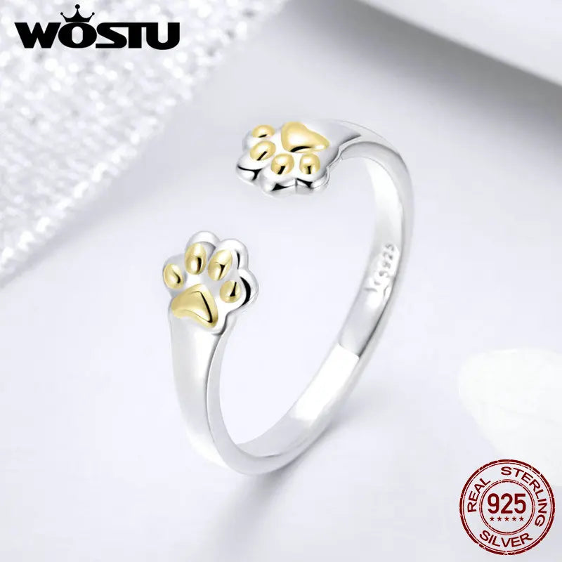 WOSTU Animal Collection 100% 925 Sterling Silver Cat Dog Paw Rings For Women Party Birthday Lovely Brand Jewelry Gift DXR430