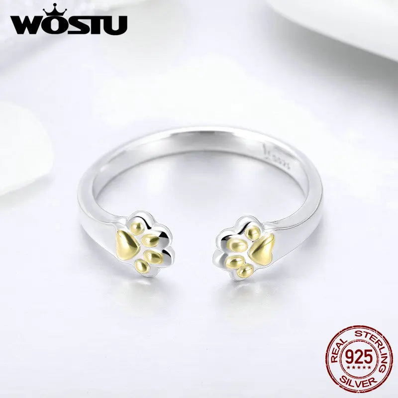 WOSTU Animal Collection 100% 925 Sterling Silver Cat Dog Paw Rings For Women Party Birthday Lovely Brand Jewelry Gift DXR430