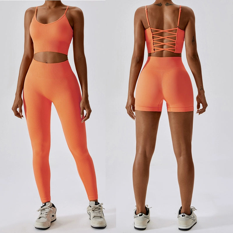 Fashion Seamless Yoga Clothes Lace-up Thread Running Tight Sports Suit Women's Quick-Drying Beauty Back Fitness Clothes Two-Piece Suit