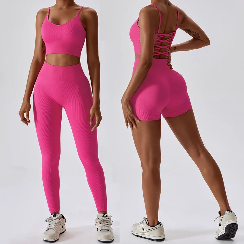 Fashion Seamless Yoga Clothes Lace-up Thread Running Tight Sports Suit Women's Quick-Drying Beauty Back Fitness Clothes Two-Piece Suit