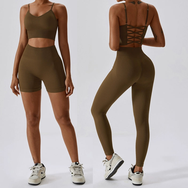 Fashion Seamless Yoga Clothes Lace-up Thread Running Tight Sports Suit Women's Quick-Drying Beauty Back Fitness Clothes Two-Piece Suit