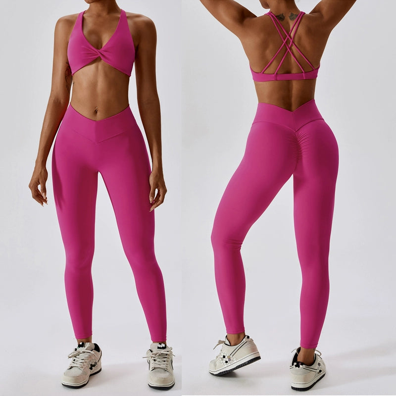 European and American Sexy Beauty Back Cross Yoga Clothes Twisted Pleated Pilates Women Fitness V Waist Exercise Yoga Suit Two-piece Set