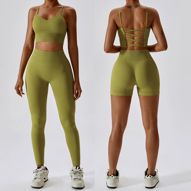 Fashion Seamless Yoga Clothes Lace-up Thread Running Tight Sports Suit Women's Quick-Drying Beauty Back Fitness Clothes Two-Piece Suit