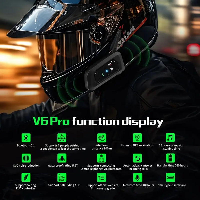 EJEAS V6 PRO+ Motorcycle Intercom Helmet Bluetooth Headset 6 Riders 800m Communicator Waterproof V5.1 Music Player Interphone