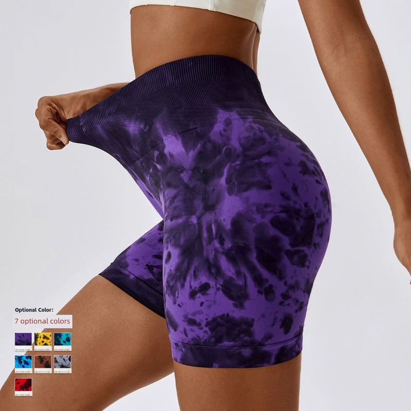 2023 European and American Tie-dye Seamless Yoga Shorts High Waist Buttock Lifting Fitness Pants Belly Holding Tight Sports Shorts Women Fitness