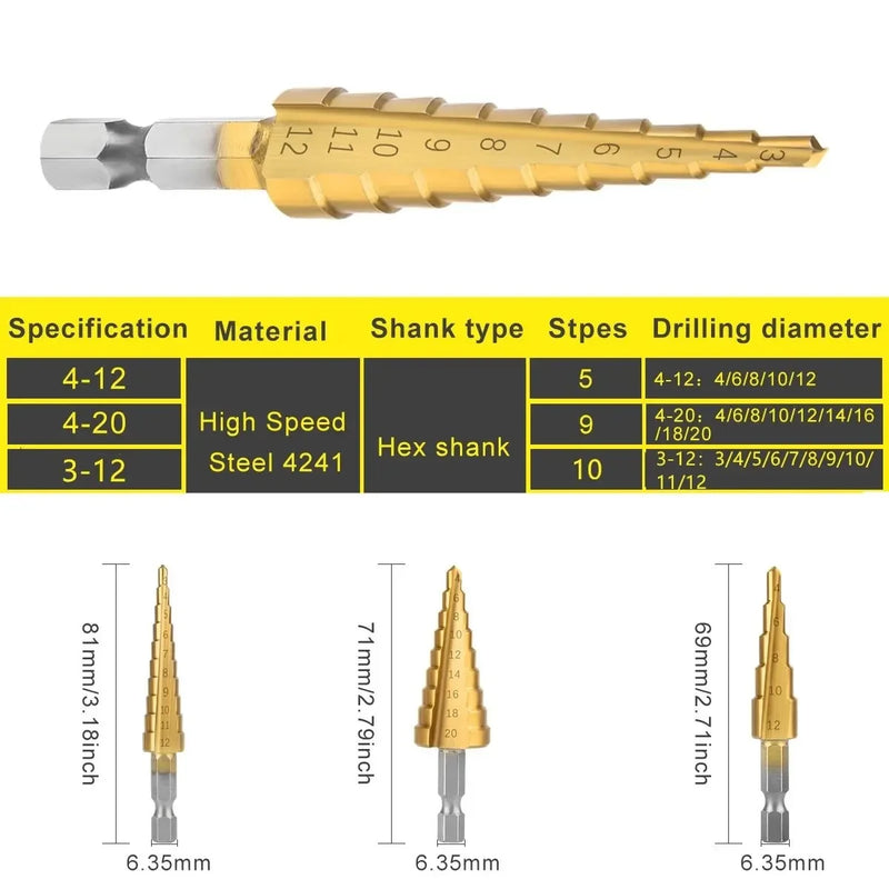 3-12 4 -12 4-20MM HSS Straight Fluted Pagoda Step Drill 3Pcs Cloth Bag Hex Shank Reamer Bit Set Titanium Coated Wood Metal Hole