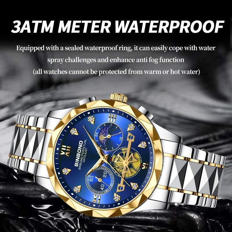 BINBOND Luxury Man Wristwatch Waterproof Luminous Chronograph Watch for Men Stainless Steel Men's Quartz Watches reloj hombre