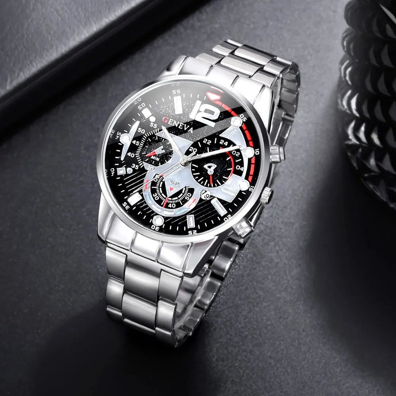 2Pcs/set Men's Fashion Luxury Steel Band Quartz Watch + Alloy Bracelet