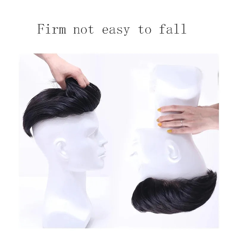 synthetic Natural black 40-46g replacement wig with 3 clips clipped on the man's head closed wig