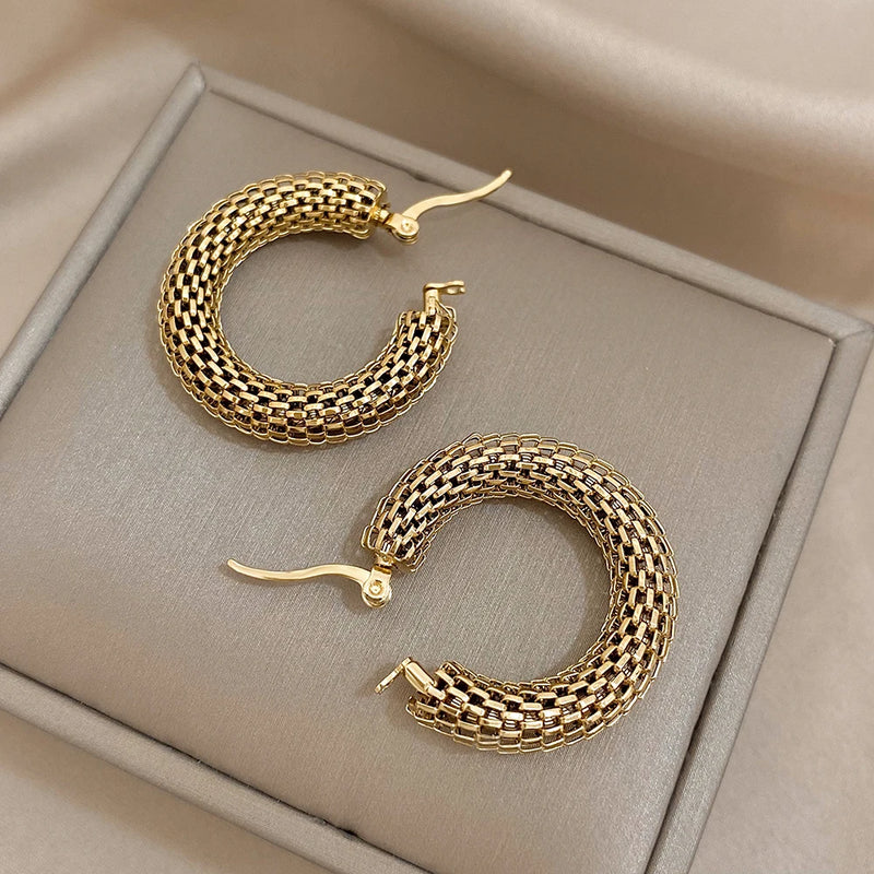 FLASHBUY Stainless Steel Gold Color Geometric Metal Mesh Earrings For Women Girls New Trend Hoop Ear Jewelry Gift