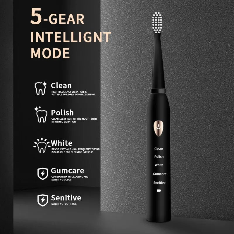 Jianpai Adult Black White Classic Acoustic Electric Toothbrush Adult 5-gear Mode USB Charging IPX7 Waterproof Acoustic Electric