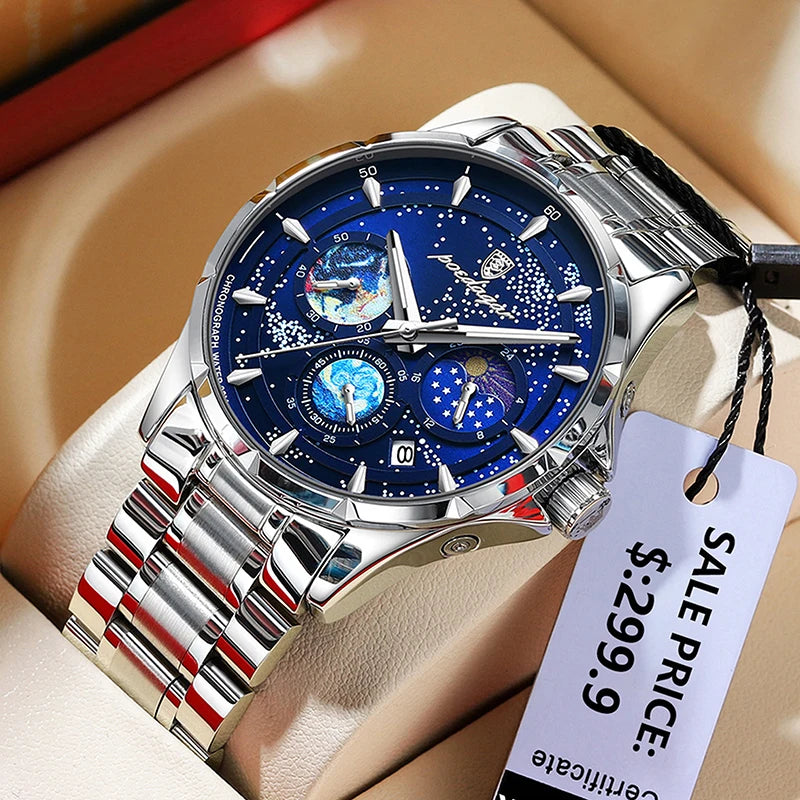 POEDAGAR Luminous Men Quartz Wristwatches Luxury Sport Stopwatch Waterproof Brand Male Clock Business Stainless Steel Man Montre