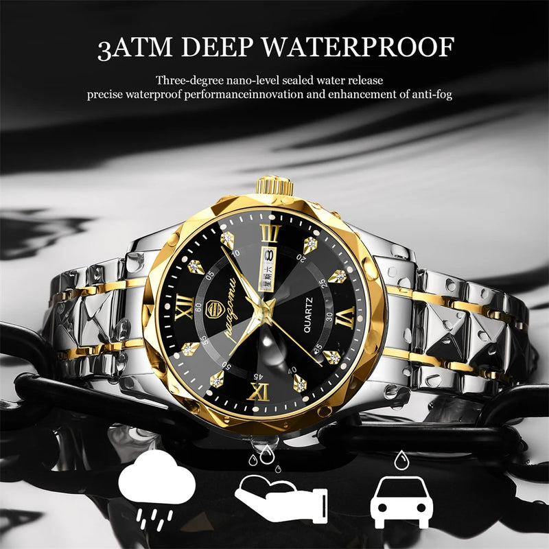 PAAZOMU Men Watch Stainless Steel Top Quailty Luxury Push Button Hidden Clasp Waterproof Luminous Date Week Sport Wrist Watches