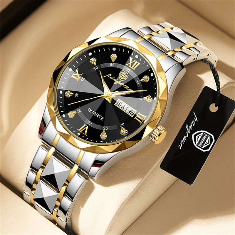 PAAZOMU Men Watch Stainless Steel Top Quailty Luxury Push Button Hidden Clasp Waterproof Luminous Date Week Sport Wrist Watches