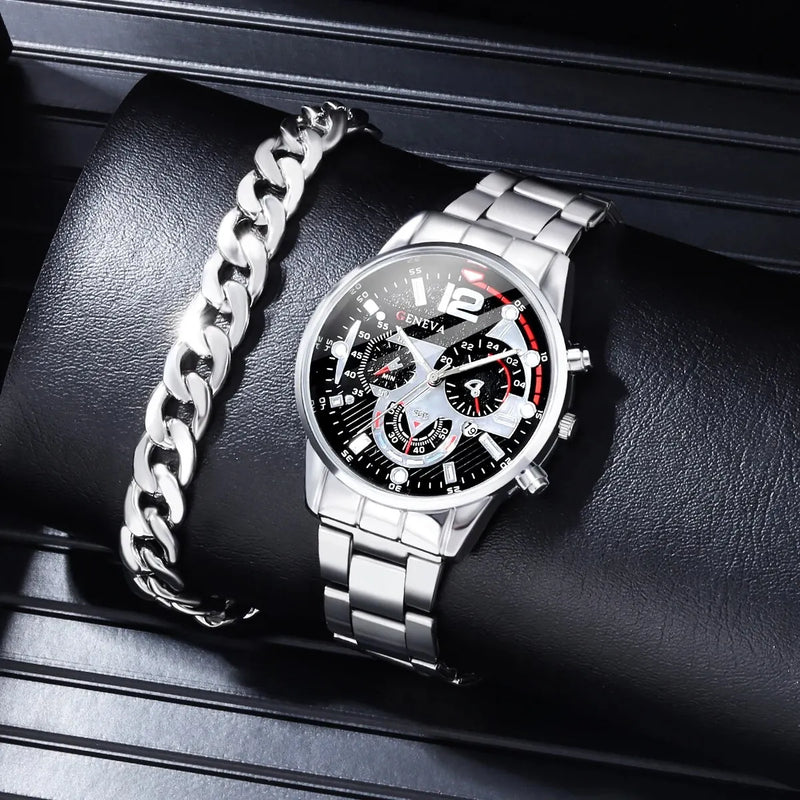 2Pcs/set Men's Fashion Luxury Steel Band Quartz Watch + Alloy Bracelet