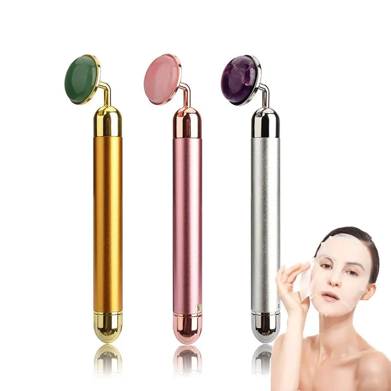 100% Facial Llfting Jade Natural Stone Bar Vibration Massage Jade 24K Gold Beauty Instrument Powder Crystal Disc Electric Beauty