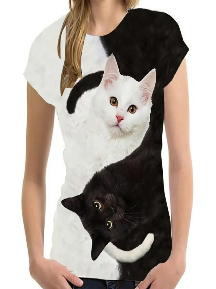 Men's and women's fashionable short sleeved T-shirt Harajuku 3D cat print shirt European and American size top summer new style