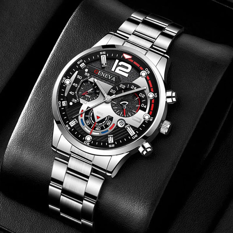 2Pcs/set Men's Fashion Luxury Steel Band Quartz Watch + Alloy Bracelet