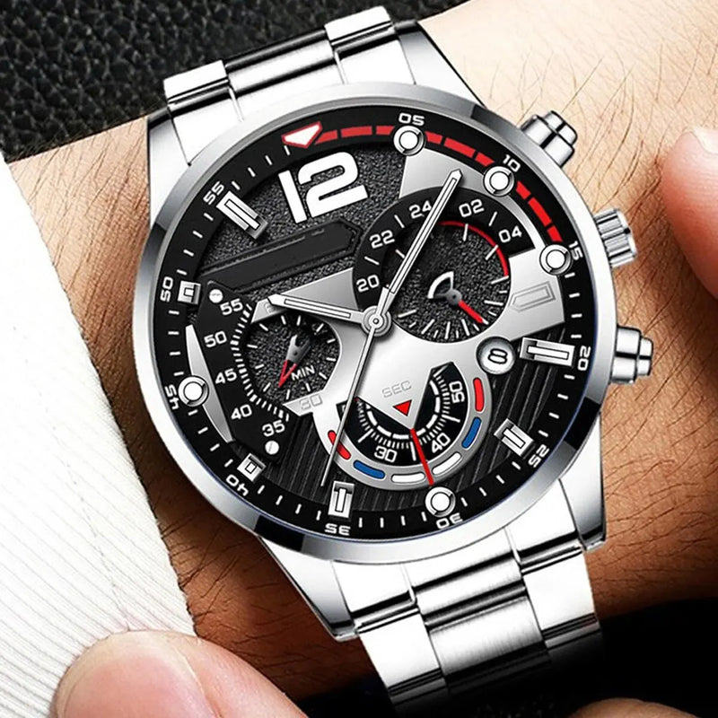 2Pcs/set Men's Fashion Luxury Steel Band Quartz Watch + Alloy Bracelet