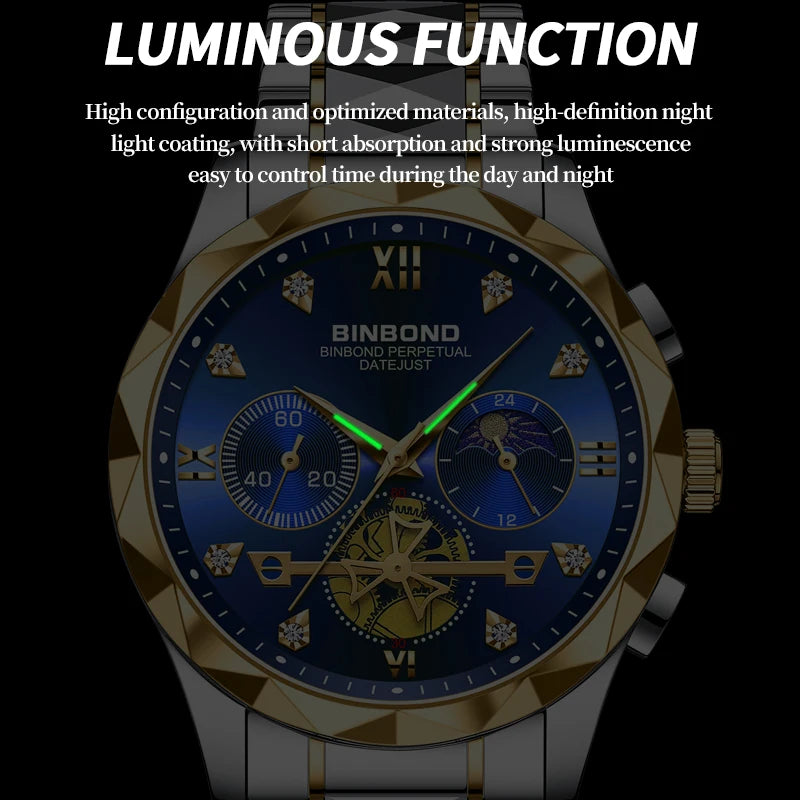 BINBOND Luxury Man Wristwatch Waterproof Luminous Chronograph Watch for Men Stainless Steel Men's Quartz Watches reloj hombre